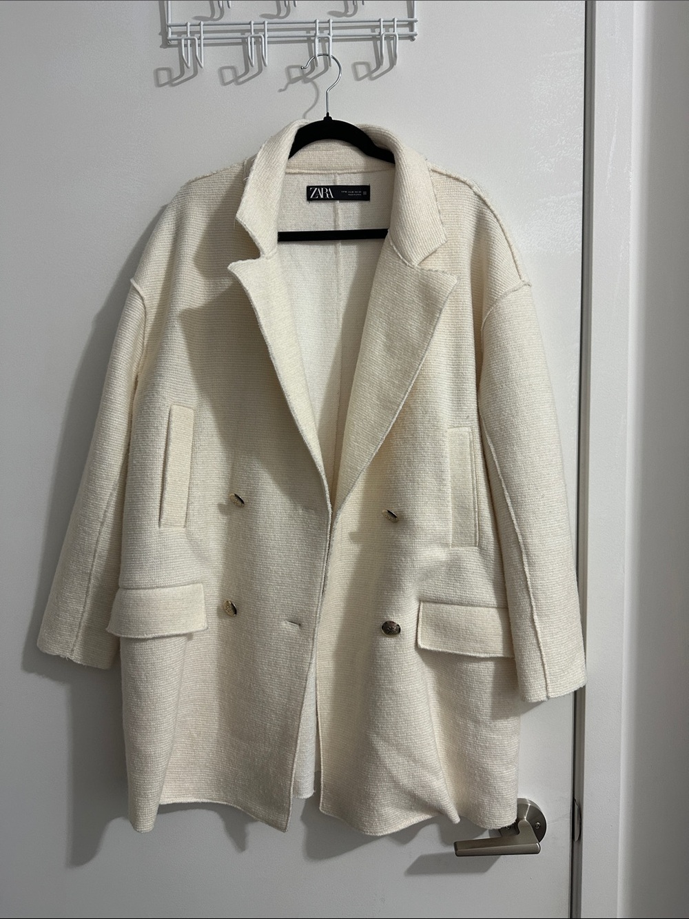 ZARA Cream Double-Breasted Wool Blend Coat